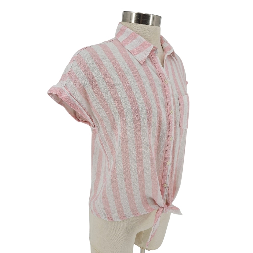 Old Navy Shirt Linen Pink Stripe Short Sleeve Button Up Collared Tie Knot Small - Picture 2 of 8